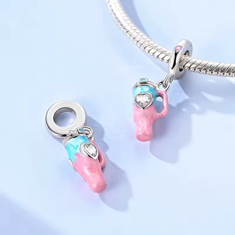 PANDORA 925 Silver Summer Water Cup Dangle Charm | Heart CZ Bead Gift